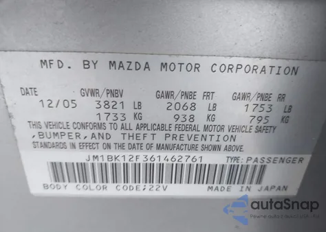 2006 Mazda Mazda3 I z USA, uszkodzony, nr VIN JM1BK12F361462761